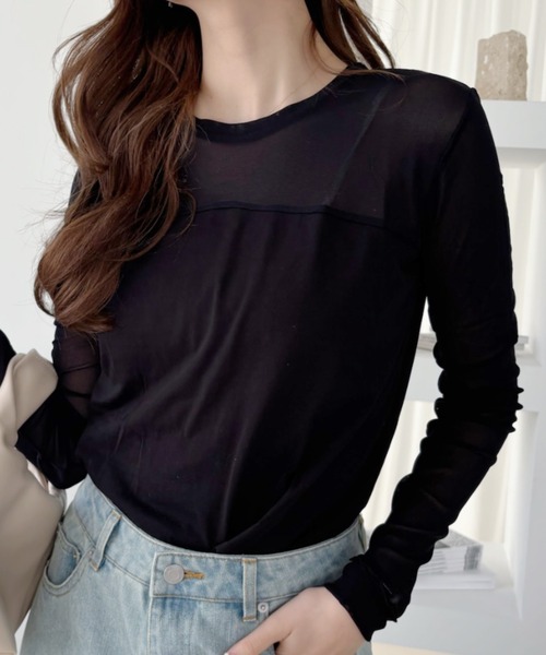 Ada.(エイダ)の「異素材 ドッキング シアー プルオーバー(Tシャツ/カットソー・レディース・ブラック/オフホワイト/ライトグレー・FREE)」の9枚目の写真
