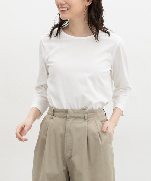 Honeys（ハニーズ）の「【ＵＶカット】７分袖オーガニックＴ（Tシャツ/カットソー・レディース・オフホワイト/ブルー/ブラック/ベージュ/ネイビー/スミクロ/イエロー・S/M/LL/L）」の2枚目の写真