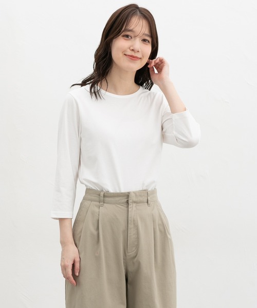 Honeys（ハニーズ）の「【ＵＶカット】７分袖オーガニックＴ（Tシャツ/カットソー・レディース・オフホワイト/ブルー/ブラック/ベージュ/ネイビー/スミクロ/イエロー・S/M/LL/L）」の11枚目の写真