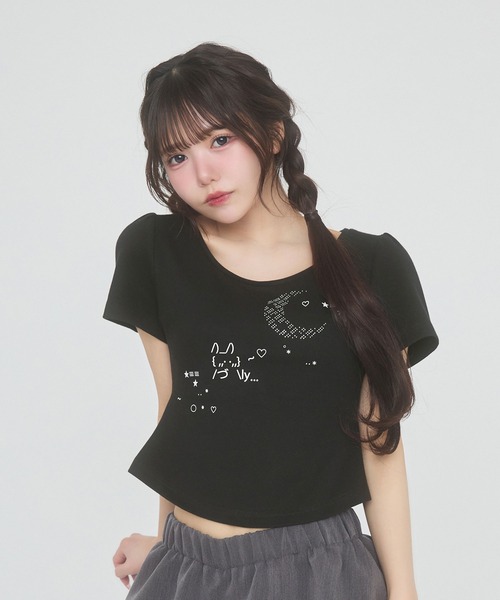 rumnel:(ルムネル)の「ラインストーンアート半袖チビTシャツ / rhinestone art cropped T-shirt(Tシャツ/カットソー・レディース・ブラック/ホワイト・FREE)」の2枚目の写真