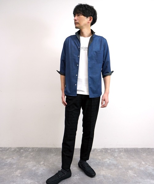 HIDEAWAYS NICOLE(ハイダウェイニコル)の「【HIDEAWAYS BLACK】カスレプリント 7分袖スタンドカラーシャツ(シャツ/ブラウス・メンズ・ブルー/ライトグレー/サックスブルー・M/L/XL)」の4枚目の写真