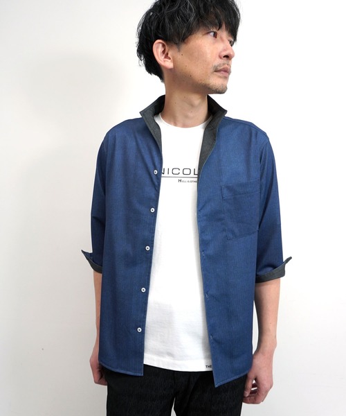 HIDEAWAYS NICOLE(ハイダウェイニコル)の「【HIDEAWAYS BLACK】カスレプリント 7分袖スタンドカラーシャツ(シャツ/ブラウス・メンズ・ブルー/ライトグレー/サックスブルー・M/L/XL)」の5枚目の写真