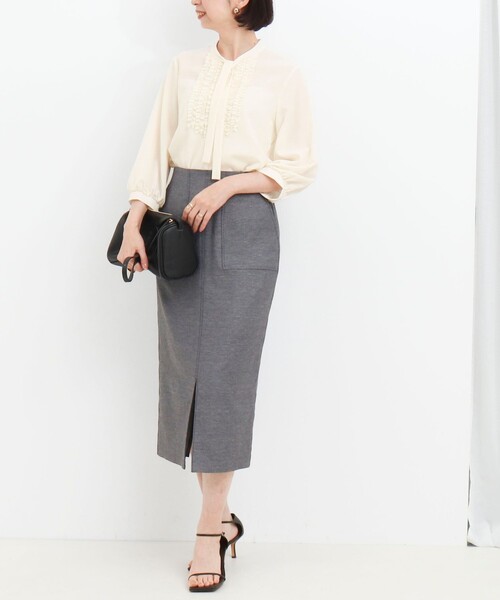 MICO COULIER（ミコクリエ）の「ジョーゼットフリルボウタイブラウス（シャツ/ブラウス・レディース・サックスブルー/ネイビー/キナリ・38）」の4枚目の写真