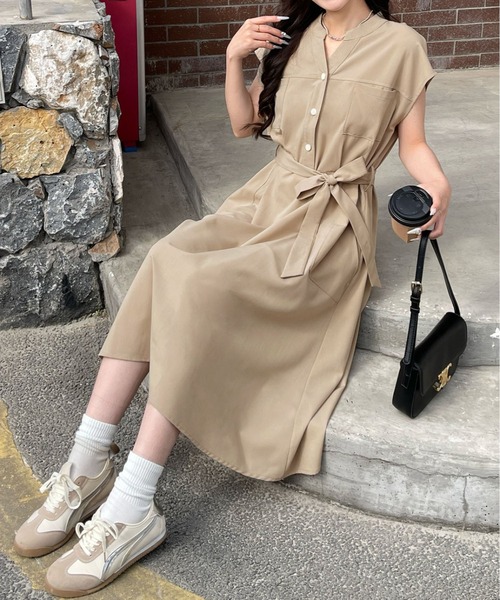 aimoha(アイモハ)の「フレンチスリーブ シャツワンピース (SS)(ワンピース・レディース・ブラック/ベージュ・FREE)」の9枚目の写真