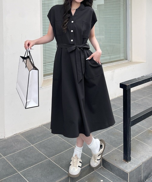 aimoha(アイモハ)の「フレンチスリーブ シャツワンピース (SS)(ワンピース・レディース・ブラック/ベージュ・FREE)」の5枚目の写真
