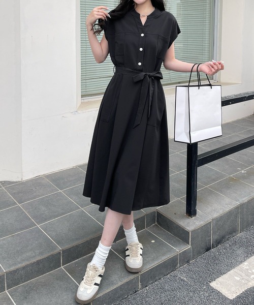 aimoha(アイモハ)の「フレンチスリーブ シャツワンピース (SS)(ワンピース・レディース・ブラック/ベージュ・FREE)」の3枚目の写真