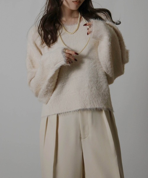 NYLAUS（ナイラス）の「【SG】ショート丈 ボリューム袖 シャギーニット プルオーバー（ニット/セーター・レディース・サックスブルー/ホワイト×ブラック/オフホワイト/パープル・M）」の6枚目の写真