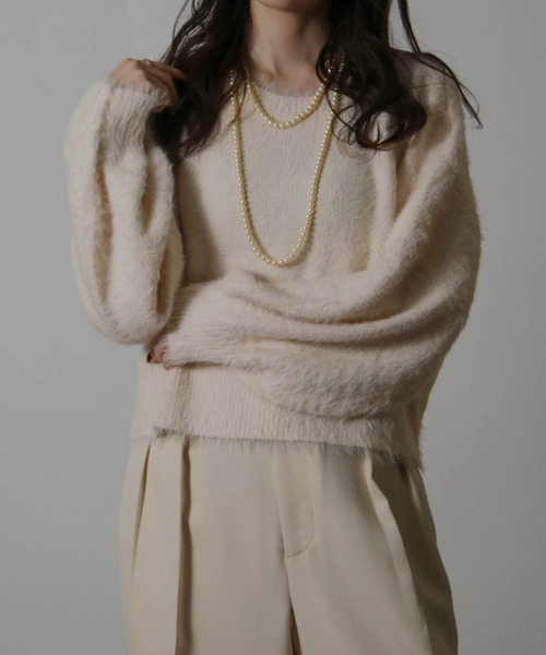 NYLAUS（ナイラス）の「【SG】ショート丈 ボリューム袖 シャギーニット プルオーバー（ニット/セーター・レディース・サックスブルー/ホワイト×ブラック/オフホワイト/パープル・M）」の8枚目の写真