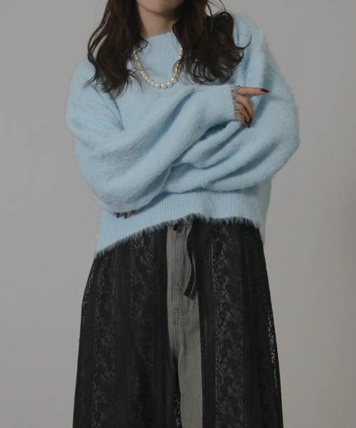 NYLAUS（ナイラス）の「【SG】ショート丈 ボリューム袖 シャギーニット プルオーバー（ニット/セーター・レディース・サックスブルー/ホワイト×ブラック/オフホワイト/パープル・M）」の14枚目の写真