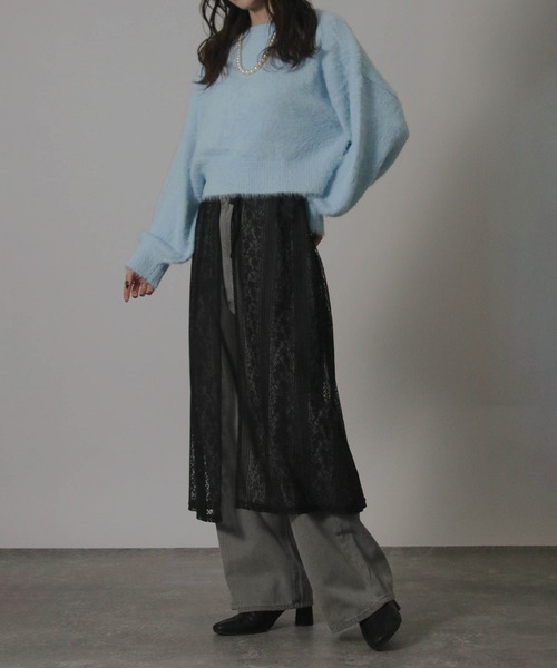 NYLAUS（ナイラス）の「【SG】ショート丈 ボリューム袖 シャギーニット プルオーバー（ニット/セーター・レディース・サックスブルー/ホワイト×ブラック/オフホワイト/パープル・M）」の16枚目の写真