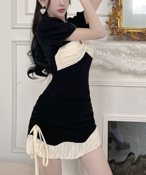 lulufa（ルルファ）の「フロントクロスデザイン配色ミニワンピース（ワンピース・レディース・ブラック・LARGE/MEDIUM）」の5枚目の写真