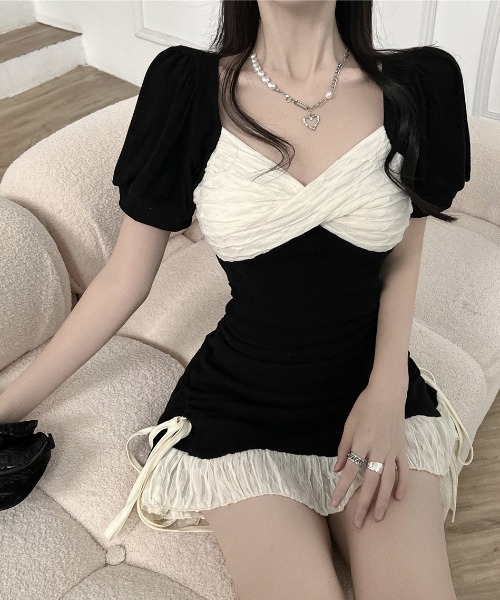 lulufa（ルルファ）の「フロントクロスデザイン配色ミニワンピース（ワンピース・レディース・ブラック・LARGE/MEDIUM）」の3枚目の写真