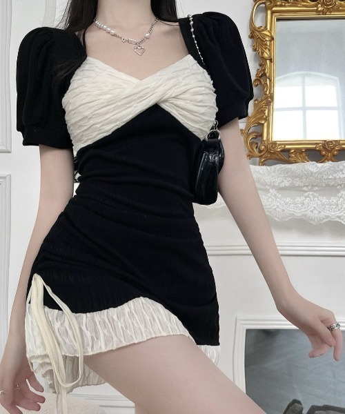 lulufa（ルルファ）の「フロントクロスデザイン配色ミニワンピース（ワンピース・レディース・ブラック・LARGE/MEDIUM）」の2枚目の写真