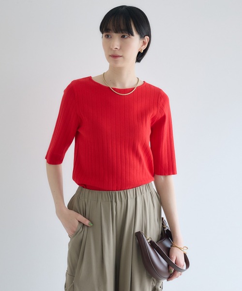 Paradise Picnic(パラダイスピクニック)の「cloche 5分袖リブニットトップス(ニット/セーター・レディース・レッド/ホワイト/ブラック・FREE)」の3枚目の写真