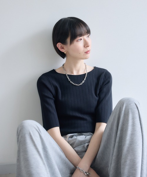 Paradise Picnic(パラダイスピクニック)の「cloche 5分袖リブニットトップス(ニット/セーター・レディース・レッド/ホワイト/ブラック・FREE)」の12枚目の写真