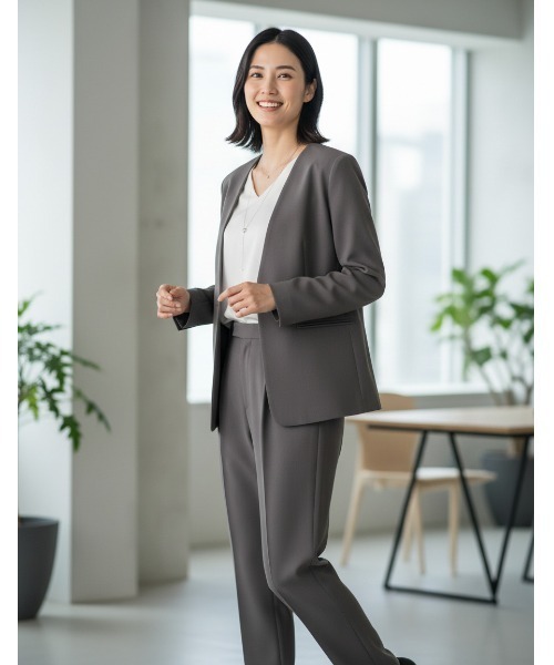 Perfect Suit FActory(パーフェクトスーツファクトリー)の「【ツイルノーカラージャケット】オケージョンからデイリーまで活躍する上品ジャケット ネイビー/カーキー/グレー(ノーカラージャケット・レディース・ネイビー/カーキ/グレー・S/L/M)」の1枚目の写真