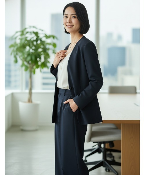 Perfect Suit FActory(パーフェクトスーツファクトリー)の「【ツイルノーカラージャケット】オケージョンからデイリーまで活躍する上品ジャケット ネイビー/カーキー/グレー(ノーカラージャケット・レディース・ネイビー/カーキ/グレー・S/L/M)」の8枚目の写真
