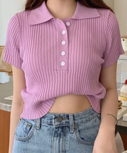 Teem Store（チームストア）の「【カラバリ】ポロシャツ半袖 夏ニット ショート丈ニットソーリブニット（Tシャツ/カットソー・レディース・グリーン/ホワイト/グレー/ブラック/パープル・F）」の5枚目の写真