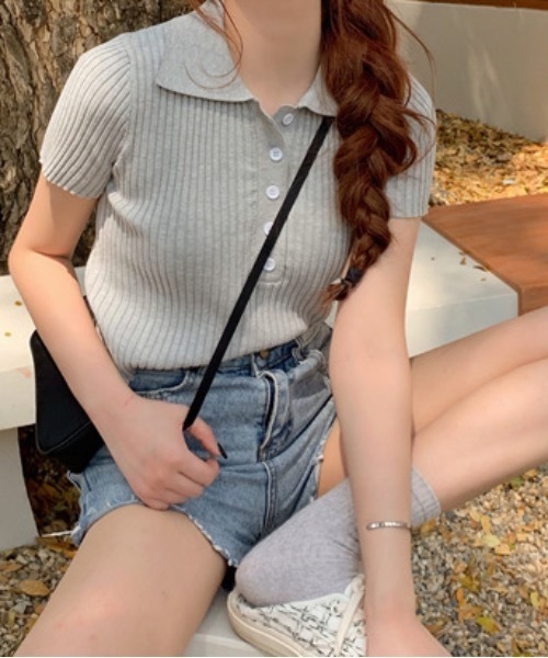 Teem Store（チームストア）の「【カラバリ】ポロシャツ半袖 夏ニット ショート丈ニットソーリブニット（Tシャツ/カットソー・レディース・グリーン/ホワイト/グレー/ブラック/パープル・F）」の3枚目の写真