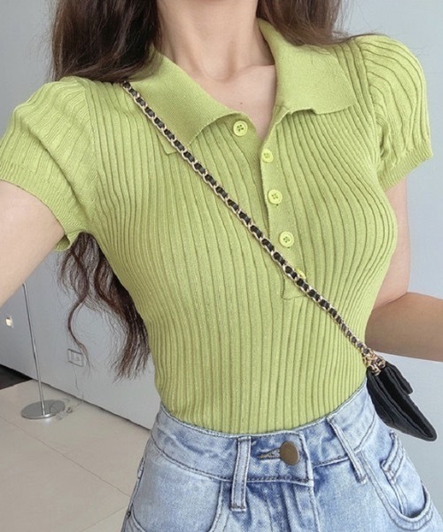 Teem Store（チームストア）の「【カラバリ】ポロシャツ半袖 夏ニット ショート丈ニットソーリブニット（Tシャツ/カットソー・レディース・グリーン/ホワイト/グレー/ブラック/パープル・F）」の4枚目の写真