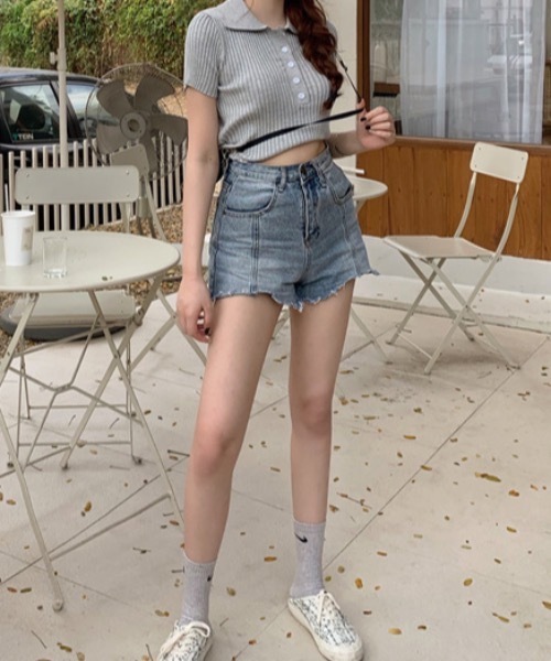 Teem Store（チームストア）の「【カラバリ】ポロシャツ半袖 夏ニット ショート丈ニットソーリブニット（Tシャツ/カットソー・レディース・グリーン/ホワイト/グレー/ブラック/パープル・F）」の21枚目の写真