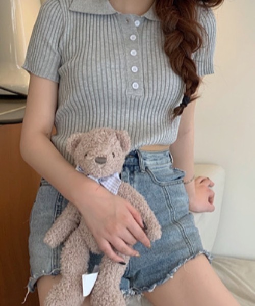 Teem Store（チームストア）の「【カラバリ】ポロシャツ半袖 夏ニット ショート丈ニットソーリブニット（Tシャツ/カットソー・レディース・グリーン/ホワイト/グレー/ブラック/パープル・F）」の18枚目の写真