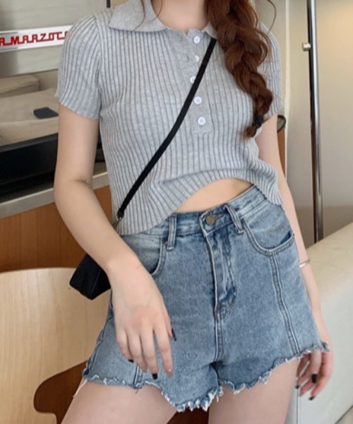 Teem Store（チームストア）の「【カラバリ】ポロシャツ半袖 夏ニット ショート丈ニットソーリブニット（Tシャツ/カットソー・レディース・グリーン/ホワイト/グレー/ブラック/パープル・F）」の19枚目の写真