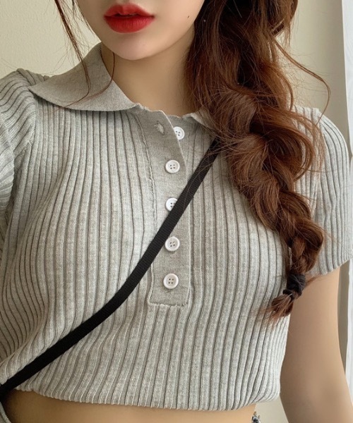 Teem Store（チームストア）の「【カラバリ】ポロシャツ半袖 夏ニット ショート丈ニットソーリブニット（Tシャツ/カットソー・レディース・グリーン/ホワイト/グレー/ブラック/パープル・F）」の16枚目の写真