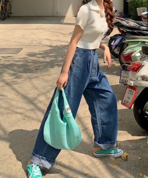 Teem Store（チームストア）の「【カラバリ】ポロシャツ半袖 夏ニット ショート丈ニットソーリブニット（Tシャツ/カットソー・レディース・グリーン/ホワイト/グレー/ブラック/パープル・F）」の14枚目の写真