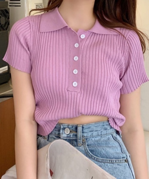 Teem Store（チームストア）の「【カラバリ】ポロシャツ半袖 夏ニット ショート丈ニットソーリブニット（Tシャツ/カットソー・レディース・グリーン/ホワイト/グレー/ブラック/パープル・F）」の22枚目の写真