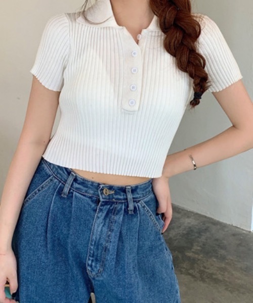 Teem Store（チームストア）の「【カラバリ】ポロシャツ半袖 夏ニット ショート丈ニットソーリブニット（Tシャツ/カットソー・レディース・グリーン/ホワイト/グレー/ブラック/パープル・F）」の6枚目の写真