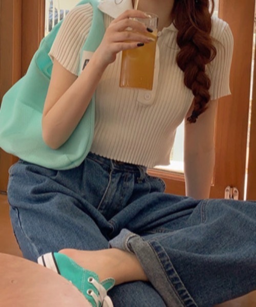 Teem Store（チームストア）の「【カラバリ】ポロシャツ半袖 夏ニット ショート丈ニットソーリブニット（Tシャツ/カットソー・レディース・グリーン/ホワイト/グレー/ブラック/パープル・F）」の12枚目の写真