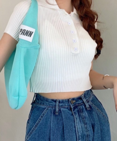 Teem Store（チームストア）の「【カラバリ】ポロシャツ半袖 夏ニット ショート丈ニットソーリブニット（Tシャツ/カットソー・レディース・グリーン/ホワイト/グレー/ブラック/パープル・F）」の7枚目の写真