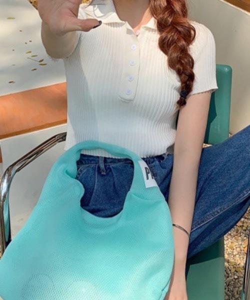 Teem Store（チームストア）の「【カラバリ】ポロシャツ半袖 夏ニット ショート丈ニットソーリブニット（Tシャツ/カットソー・レディース・グリーン/ホワイト/グレー/ブラック/パープル・F）」の10枚目の写真