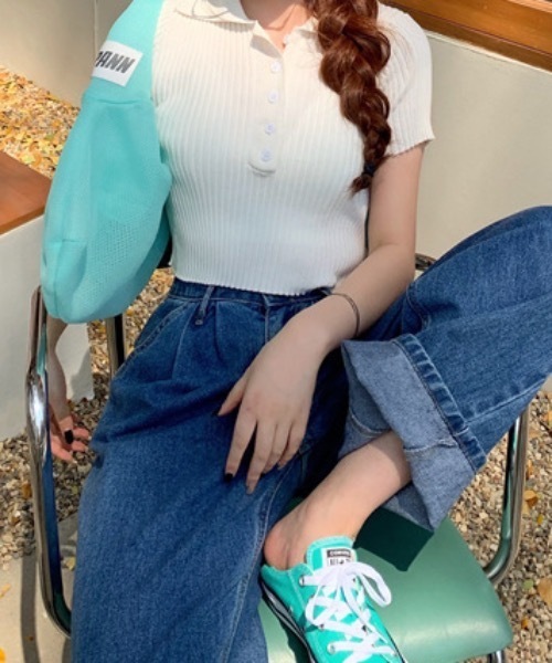 Teem Store（チームストア）の「【カラバリ】ポロシャツ半袖 夏ニット ショート丈ニットソーリブニット（Tシャツ/カットソー・レディース・グリーン/ホワイト/グレー/ブラック/パープル・F）」の11枚目の写真