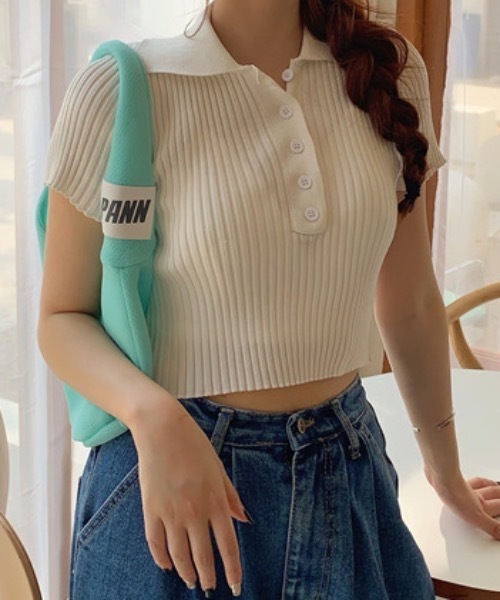 Teem Store（チームストア）の「【カラバリ】ポロシャツ半袖 夏ニット ショート丈ニットソーリブニット（Tシャツ/カットソー・レディース・グリーン/ホワイト/グレー/ブラック/パープル・F）」の8枚目の写真