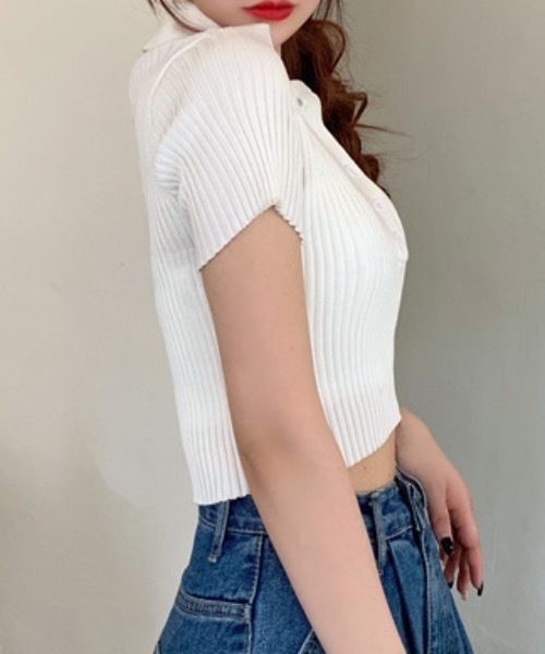 Teem Store（チームストア）の「【カラバリ】ポロシャツ半袖 夏ニット ショート丈ニットソーリブニット（Tシャツ/カットソー・レディース・グリーン/ホワイト/グレー/ブラック/パープル・F）」の9枚目の写真