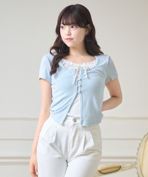 Anely（アネリー）の「フロント リボン フェイクレイヤード ボタン付き トップス（Tシャツ/カットソー・レディース・ホワイト/ブルー/チャコールグレー・FREE）」の3枚目の写真