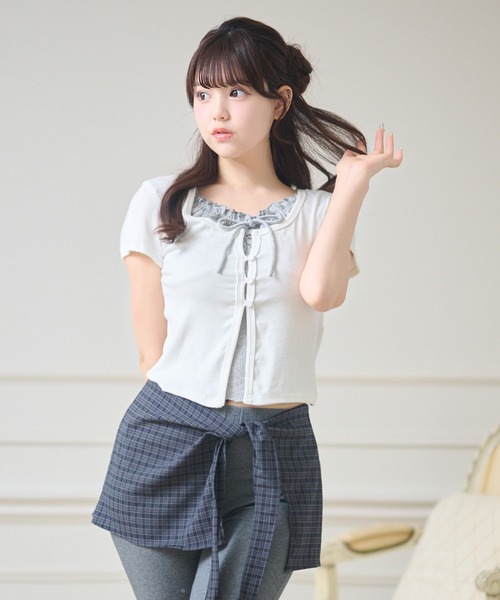 Anely（アネリー）の「フロント リボン フェイクレイヤード ボタン付き トップス（Tシャツ/カットソー・レディース・ホワイト/ブルー/チャコールグレー・FREE）」の22枚目の写真