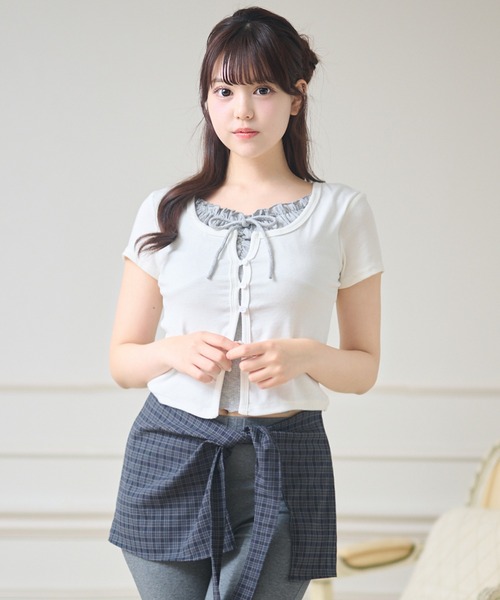 Anely（アネリー）の「フロント リボン フェイクレイヤード ボタン付き トップス（Tシャツ/カットソー・レディース・ホワイト/ブルー/チャコールグレー・FREE）」の16枚目の写真