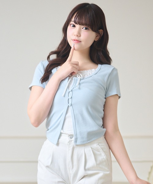 Anely（アネリー）の「フロント リボン フェイクレイヤード ボタン付き トップス（Tシャツ/カットソー・レディース・ホワイト/ブルー/チャコールグレー・FREE）」の18枚目の写真