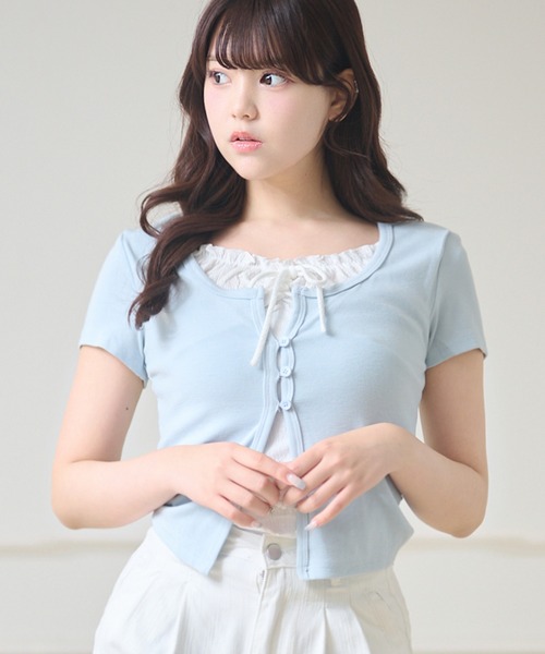 Anely（アネリー）の「フロント リボン フェイクレイヤード ボタン付き トップス（Tシャツ/カットソー・レディース・ホワイト/ブルー/チャコールグレー・FREE）」の17枚目の写真