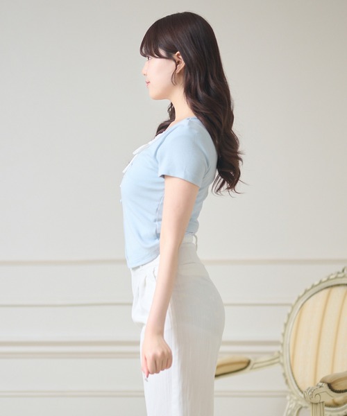 Anely（アネリー）の「フロント リボン フェイクレイヤード ボタン付き トップス（Tシャツ/カットソー・レディース・ホワイト/ブルー/チャコールグレー・FREE）」の10枚目の写真