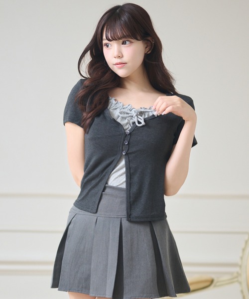 Anely（アネリー）の「フロント リボン フェイクレイヤード ボタン付き トップス（Tシャツ/カットソー・レディース・ホワイト/ブルー/チャコールグレー・FREE）」の12枚目の写真
