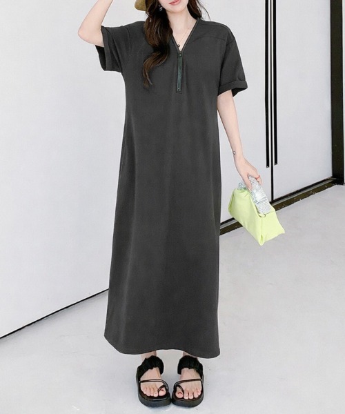 mielu(ミエル)の「ハーフジップ半袖フレアワンピース(ワンピース・レディース・カーキ/ブラック/グレー・LARGE/MEDIUM)」の11枚目の写真