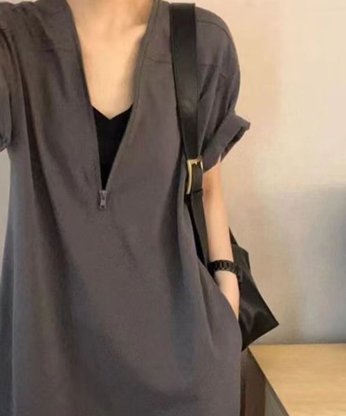 mielu(ミエル)の「ハーフジップ半袖フレアワンピース(ワンピース・レディース・カーキ/ブラック/グレー・LARGE/MEDIUM)」の8枚目の写真