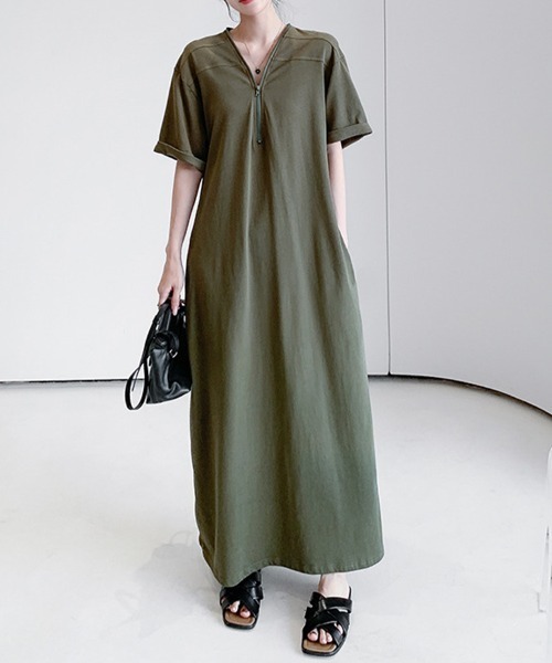 mielu(ミエル)の「ハーフジップ半袖フレアワンピース(ワンピース・レディース・カーキ/ブラック/グレー・LARGE/MEDIUM)」の14枚目の写真