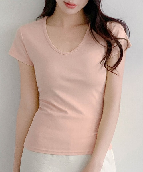LOWO(ロワ)の「綿混Uネック半袖無地Tシャツ(全13色・レイヤード・インナー対応)(Tシャツ/カットソー・レディース・ホワイト/ネイビー/レッド/ピンク/ブルー/ブルーグレー・FREE)」の5枚目の写真