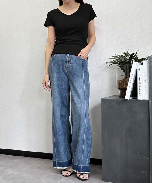 LOWO(ロワ)の「綿混Uネック半袖無地Tシャツ(全13色・レイヤード・インナー対応)(Tシャツ/カットソー・レディース・ホワイト/ネイビー/レッド/ピンク/ブルー/ブルーグレー・FREE)」の12枚目の写真