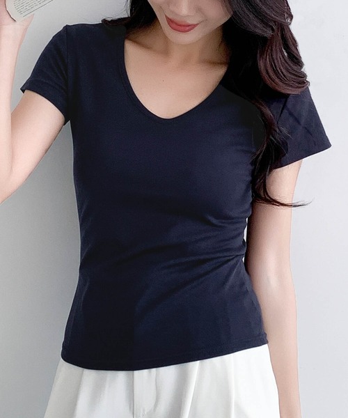 LOWO(ロワ)の「綿混Uネック半袖無地Tシャツ(全13色・レイヤード・インナー対応)(Tシャツ/カットソー・レディース・ホワイト/ネイビー/レッド/ピンク/ブルー/ブルーグレー・FREE)」の16枚目の写真